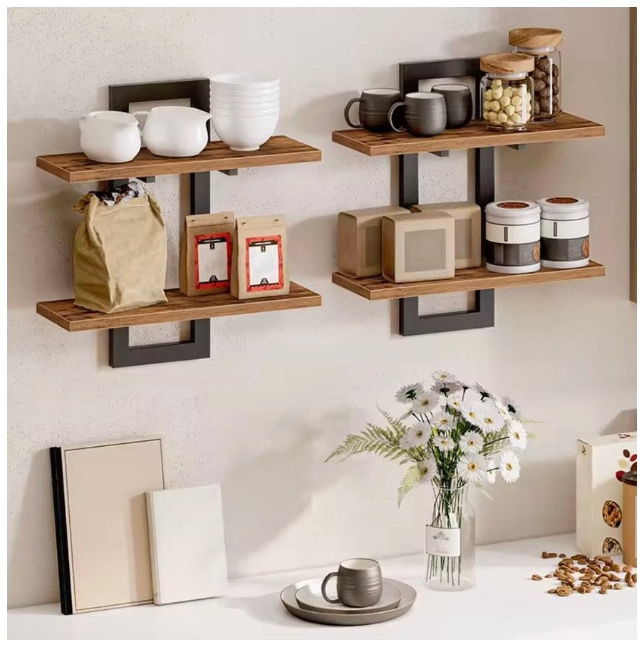 Industriële Wandplank Set van 2 – Houten Wandplanken met Zwart Metalen Frame