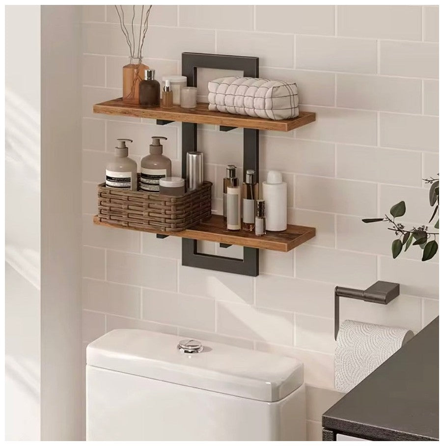 Industriële Wandplank Set van 2 – Houten Wandplanken met Zwart Metalen Frame