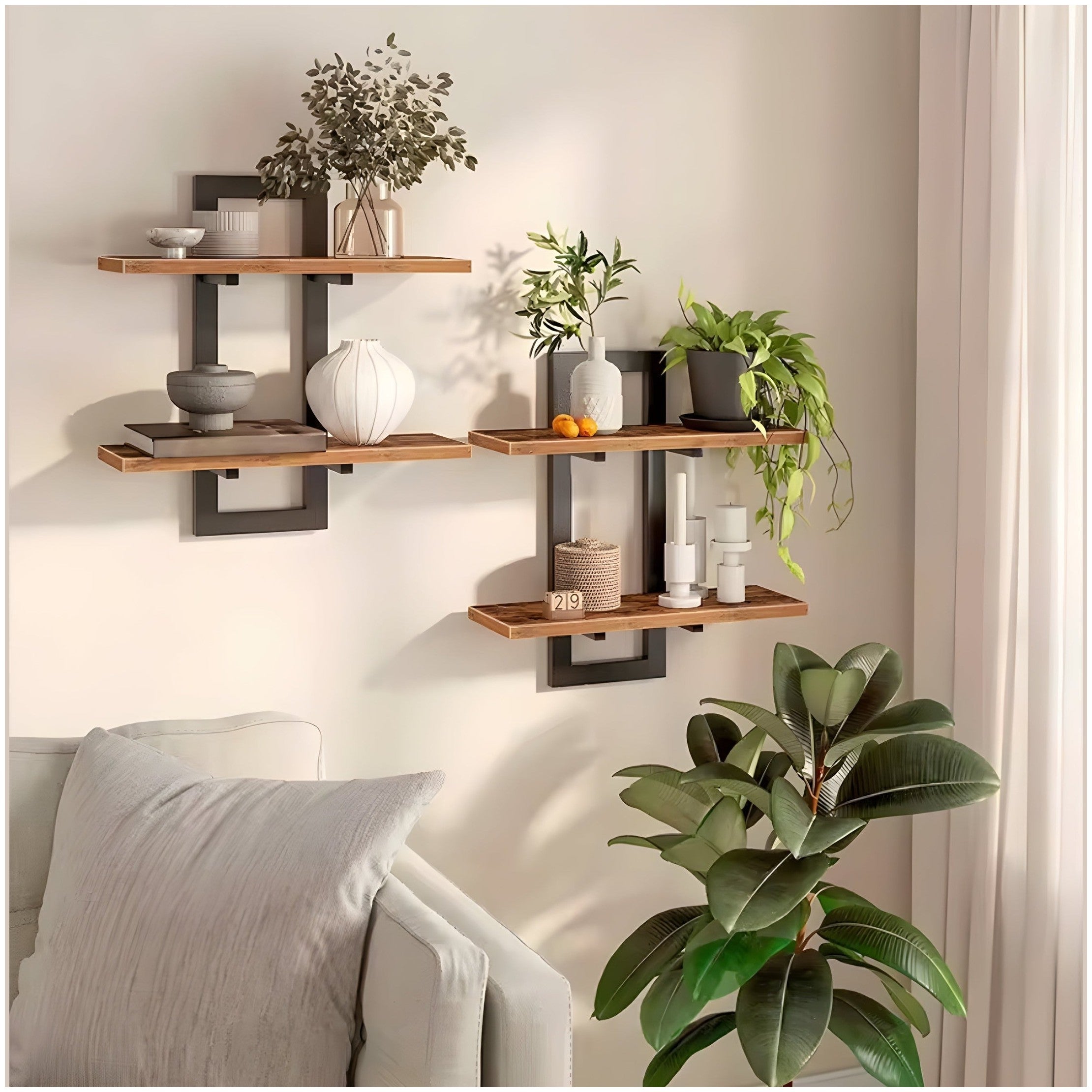 Industriële Wandplank Set van 2 – Houten Wandplanken met Zwart Metalen Frame