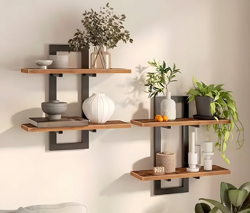Industriële Wandplank Set van 2 – Houten Wandplanken met Zwart Metalen Frame