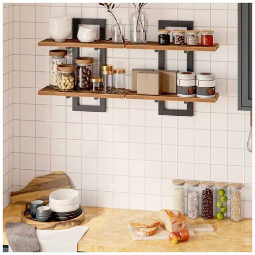 Industriële Wandplank Set van 2 – Houten Wandplanken met Zwart Metalen Frame