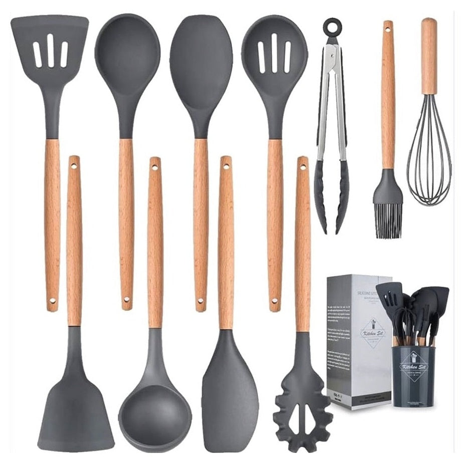 Siliconen keukengerei Set met Houder - BPA en plastic vrij - Dark Grey