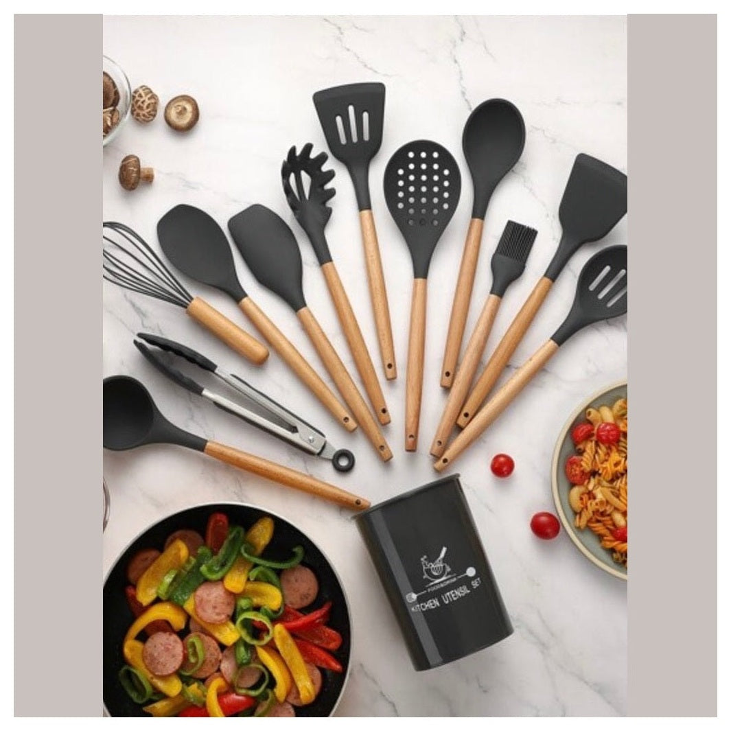 Siliconen keukengerei Set met Houder - BPA en plastic vrij - Dark Grey