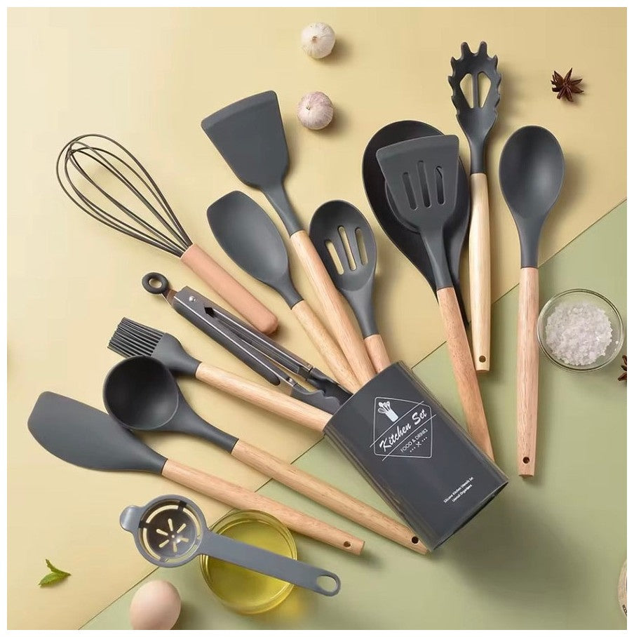 Siliconen keukengerei Set met Houder - BPA en plastic vrij - Dark Grey