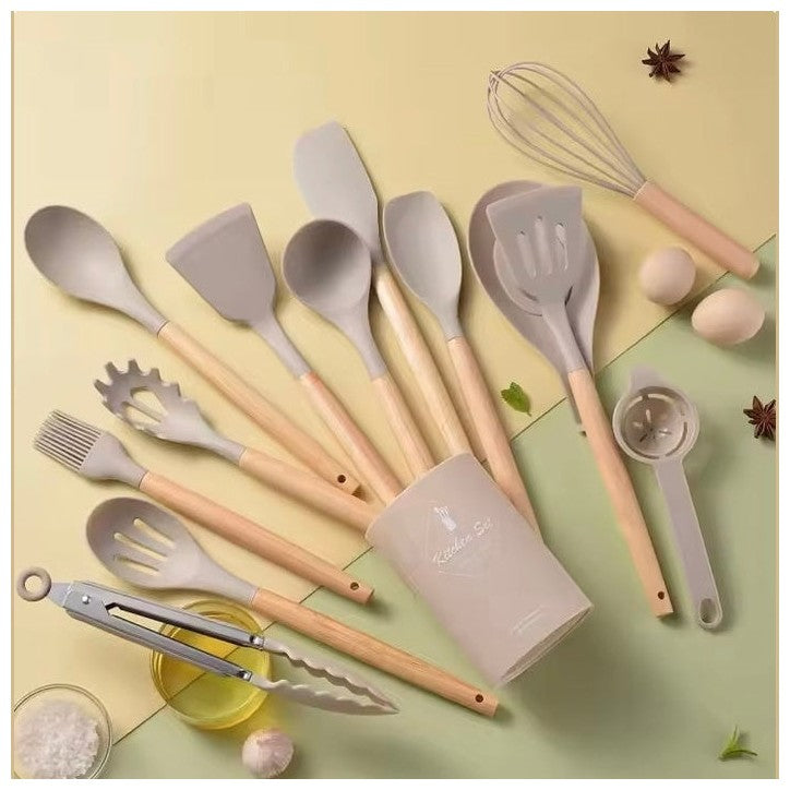 Siliconen keukengerei Set met Houder - Kookgerei Set 13-delig - Opbergkoker - BPA en plastic vrij - Khaki