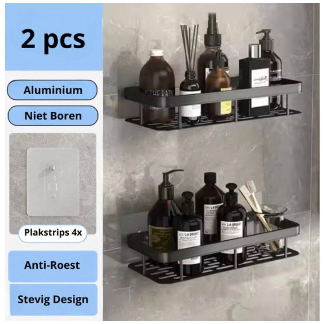 shampoo houder - zonder boren - 2 laags - zelfklevende - badkamer rek - zwart